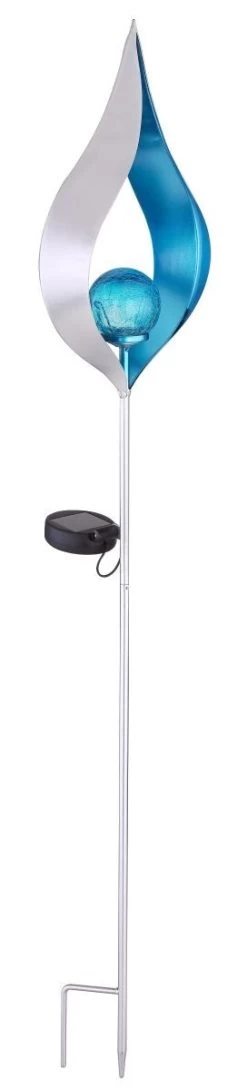 Design Solarleuchte Silber Mit Blauer Glaskugel 17,5x6x90cm Mit Erdspieß Von Globo