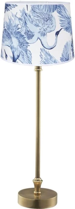 PR Home Liam Schmale Fensterbank Tischlampe Messing Textilschirm Blau Vogel E27 59x20x20cm