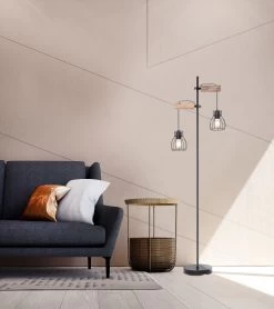 Globo Mina Stehleuchte Schwarz, Natur 2x E27 Mit Schalter 47x25x168cm -Beleuchtung Rabatte globo15326 2sn 2