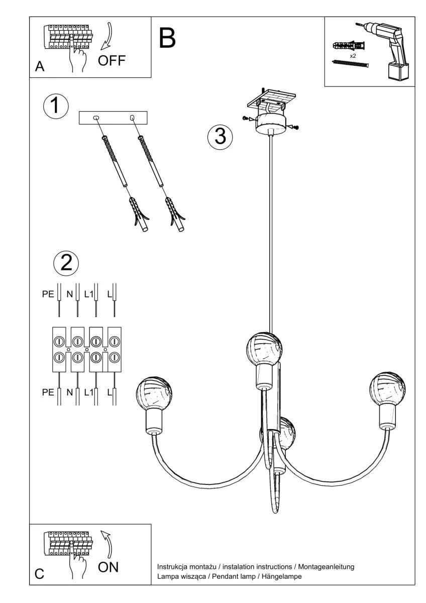 Sollux Piccolo 3 Moderner Kronleuchter Schwarz 3x E27 Dimmbar 45x45x100cm 5 Sollux Piccolo 3 Moderner Kronleuchter Schwarz 3x E27 Dimmbar 45x45x100cm – Bild 5